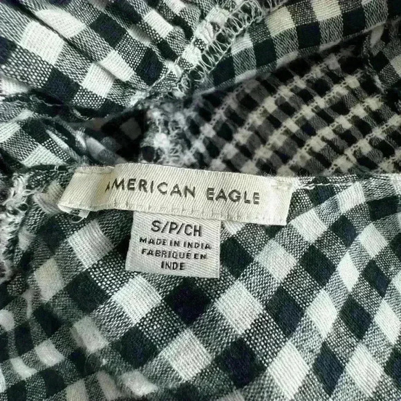 American Eagle Smock Gingham Bow Front Tie Navy blue nautical checkered Top - S - Picture 3 of 10